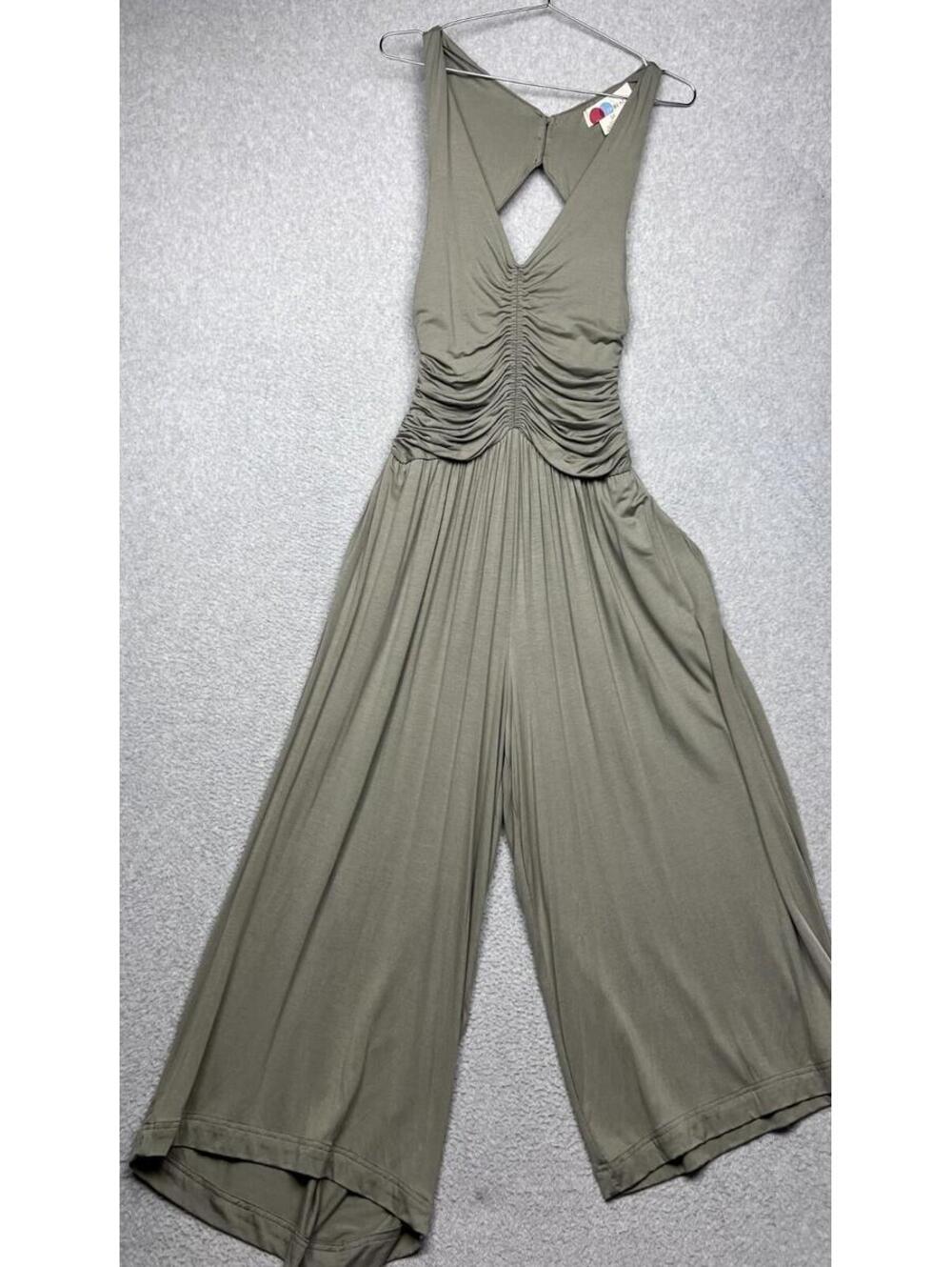 Free People Forever Always Ruched Jumpsuit Olive Green Wide Leg S Backless Boho